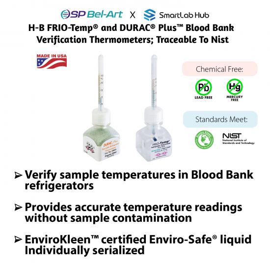 Nhiệt kế hiệu chuẩn lưu trữ máu Bel-Art H-B FRIO-Temp® và DURAC® Plus ™; Có thể truy vết NIST