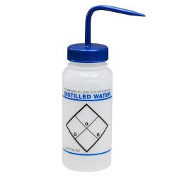 Bình tia miệng rộng Bel-Art 500ml (16oz) Polyethylene nhãn an toàn 2 màu Distilled Water, nắp xanh dương Polypropylene (Bộ 6 bình)