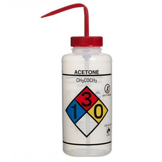 Bình tia miệng rộng van an toàn Bel-Art 500ml (16oz) Polyethylene Right-to-Know, nhãn 4 màu Acetone; nắp màu đỏ Polypropylene (Bộ 4 bình)