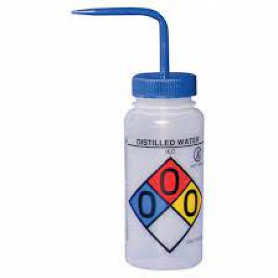 Bình tia miệng rộng van an toàn Bel-Art 500ml (16oz) Polyethylene Right-to-Know, nhãn 4 màu Distilled Water; nắp xanh dương Polypropylene (Bộ 4 bình)