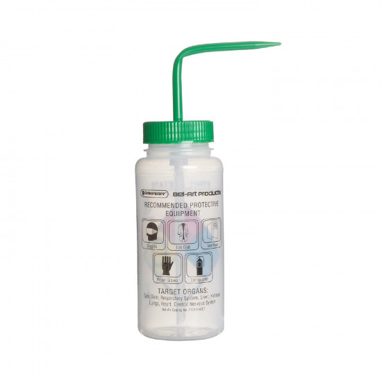 Bình tia miệng rộng van an toàn Bel-Art 500ml (16oz) Right-to-Know nhãn 4 màu Ethyl Acetate; Polyethylene; nắp Polypropylene xanh lá (Bộ 4 bình)