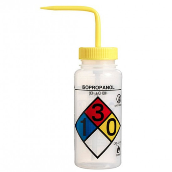 Bình tia miệng rộng van an toàn Bel-Art 500ml (16oz) Right-to-Know nhãn 4 màu Isopropanol; Polyethylene; nắp Polypropylene màu vàng (Bộ 4 bình)