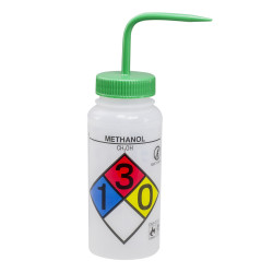 Bình tia miệng rộng van an toàn Bel-Art 500ml (16oz) Polyethylene Right-to-Know, nhãn 4 màu Methanol; nắp xanh lá Polypropylene (Bộ 4 bình)