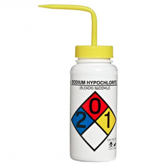 Bình tia miệng rộng van an toàn Bel-Art 500ml (16oz) Right-to-Know nhãn 4 màu Sodium Hypochlorite (Bleach); Polyethylene; nắp Polypropylene màu vàng (Bộ 4 bình)