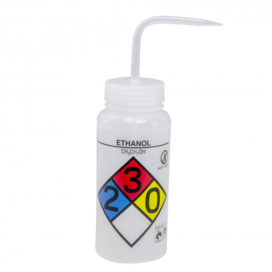 Bình tia miệng rộng van an toàn Bel-Art 500ml (16oz) Polyethylene Right-to-Know, nhãn 4 màu Ethanol; nắp trong suốt Polypropylene (Bộ 4 bình)