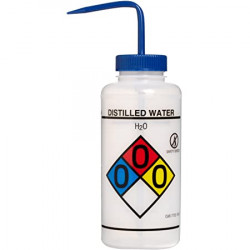 Bình tia miệng rộng van an toàn Bel-Art 1000ml (32oz) Right-to-Know nhãn 4 màu Distilled Water; Polyethylene; nắp Polypropylene xanh dương (Bộ 2 bình)