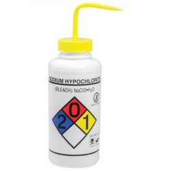 Bình tia miệng rộng van an toàn Bel-Art 1000ml (32oz) Right-to-Know nhãn 4 màu Sodium Hypochlorite (Bleach); Polyethylene; nắp Polypropylene màu vàng (Bộ 2 bình)
