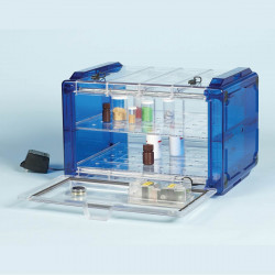 Bel-Art Secador® Clear 4.0 Horizontal Auto-Desiccator Cabinet with Blue End-Caps; 230V, 1.9 cu. ft.