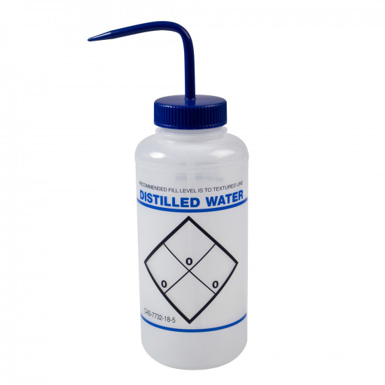 Bình tia miệng rộng Bel-Art 1000ml (32oz), nhãn an toàn 2 màu Distilled Water; Polyethylene, nắp Polypropylene xanh dương (Bộ 6 bình)