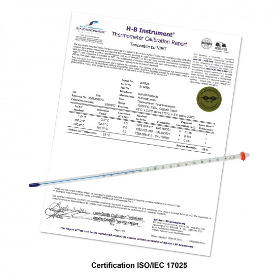 Bel-Art, H-B DURAC Plus Calibrated Liquid-In-Glass Laboratory Thermometer; -10 to 70C, 76mm Immersion, Organic Liquid Fill