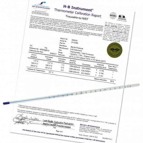 Bel-Art, H-B DURAC Plus ASTM S66F-03 Individually Calibrated Liquid-In-Glass Laboratory Thermometer; 167/221F, Organic Liquid Fill