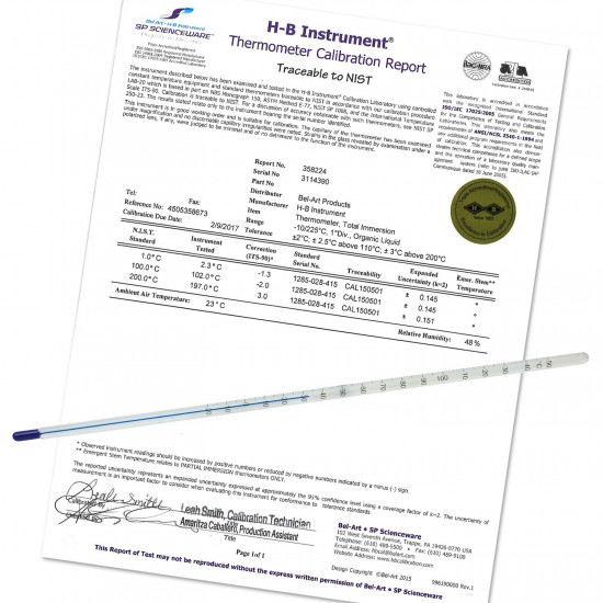 Bel-Art, H-B DURAC Plus ASTM S64F-03 Individually Calibrated Liquid-In-Glass Laboratory Thermometer; 77/131F, Organic Liquid Fill