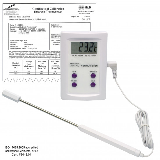 Bel-Art, H-B DURAC Calibrated Electronic Thermometer with Stainless Steel Probe; -50/200C (-58/392F), 63 x 97mm Bel-Art, H-B DURAC Calibrated Electronic Thermometer with Stainless Steel Probe; -50/200C (-58/392F), 63 x 97mm