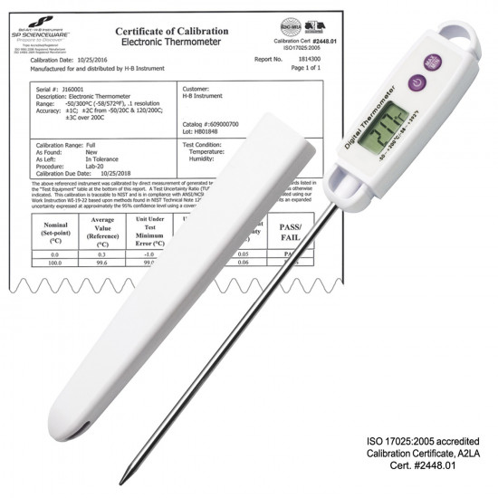 Bel-Art, H-B DURAC Calibrated Electronic Stainless Steel Stem Thermometer, -50/200C (-58/392F), 127mm (5 in.) Probe Bel-Art, H-B DURAC Calibrated Electronic Stainless Steel Stem Thermometer, -50/200C (-58/392F), 127mm (5 in.) Probe