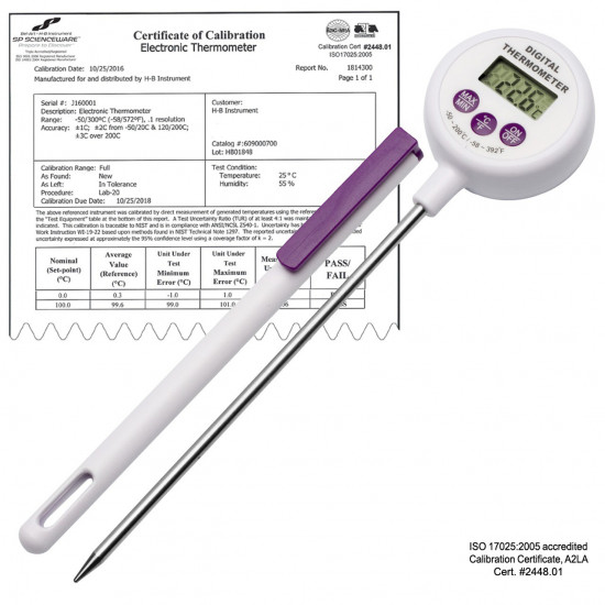 Bel-Art, H-B DURAC Calibrated Electronic Stainless Steel Stem Thermometer, -50/200C (-58/392F), 127mm (5 in.) Probe