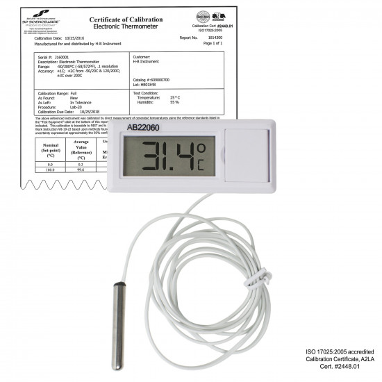 Bel-Art, H-B DURAC Calibrated Electronic Thermometer with Waterproof Sensor; -50/200C (-58/392F) Bel-Art, H-B DURAC Calibrated Electronic Thermometer with Waterproof Sensor; -50/200C (-58/392F)