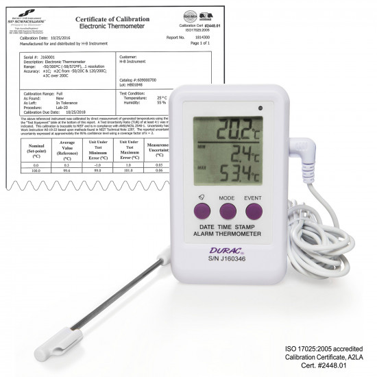 Bel-Art, H-B DURAC Calibrated Electronic Thermometer / Event Logger with Stainless Steel Probe; -50/200C (-58/392F), 65 x 110mm Bel-Art, H-B DURAC Calibrated Electronic Thermometer / Event Logger with Stainless Steel Probe; -50/200C (-58/392F), 65 x 110mm