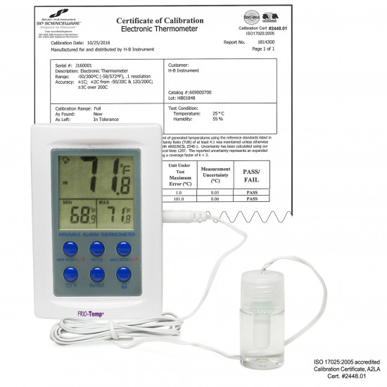 Bel-Art, H-B Frio Temp Calibrated Dual Zone Electronic Verification Thermometer; -50/70C (-58/158F) and 0/50C (32/122F); General Calibration Bel-Art, H-B Frio Temp Calibrated Dual Zone Electronic Verification Thermometer; -50/70C (-58/158F) and 0/50C (32/122F); General Calibration