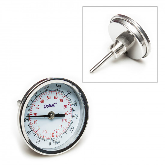 Bel-Art H-B DURAC Bi-Metallic Dial Thermometer; -20 to 120C (0 to 250F), 1/2 in. NPT Threaded Connection, 75mm Dial