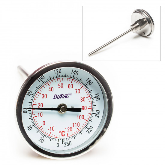 Bel-Art H-B DURAC Bi-Metallic Dial Thermometer; -20 to 120C (0 to 250F), 1/2 in. NPT Threaded Connection, 75mm Dial