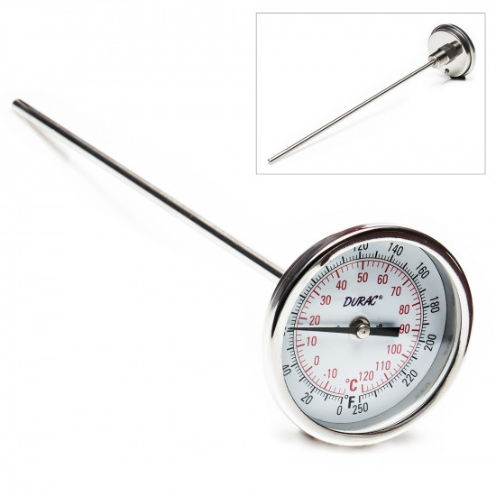 Bel-Art H-B DURAC Bi-Metallic Dial Thermometer; -20 to 120C (0 to 250F), 1/2 in. NPT Threaded Connection, 75mm Dial Bel-Art H-B DURAC Bi-Metallic Dial Thermometer; -20 to 120C (0 to 250F), 1/2 in. NPT Threaded Connection, 75mm Dial